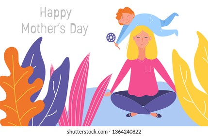 Mother's day cute illustration. Mother and son. Mother is meditating in a lotus pose with a cute naughty baby on her head. Beautiful mother's day, great design for any purposes. Vector illustration