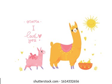 Mother`s day cute llama and kid. Mama I love you slogan, Sweet pink warm card for mother`s day. March 8 vector image isolated on white background in flat modern style in orange warm animal color