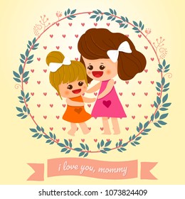 Mother's day cute mom and daughter hand drawn with flower background