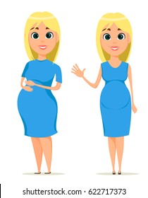 Mothers day. Cute pregnant woman in blue dress. Beautiful blond pregnant girl standing in two poses, set. Happy mother day. Cartoon character. Vector illustration. EPS10