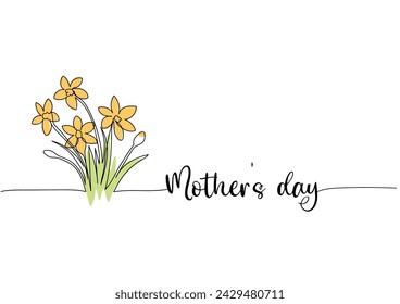 Mothers day, daffodil line art drawing, one continuous line drawing. for postcard design.