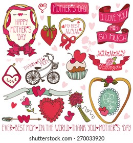 Mothers day decor elements collection.Labels,badges,emblems,ribbon,hearts lettering,flowers,headline,bicycle,frames.Cute Doodle hand drawing invitation set.Vintage vector,retro,love,romantic 