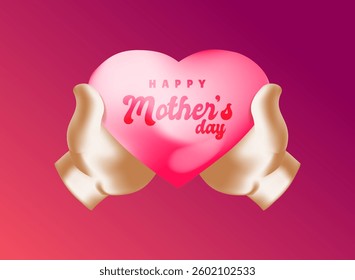 mothers day design with 3d heart love and finger in modern gradient color