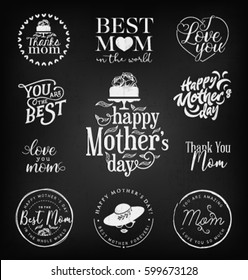 Mother's Day Design Elements, Badges and Labels in Vintage Style on Grungy Chalkboard