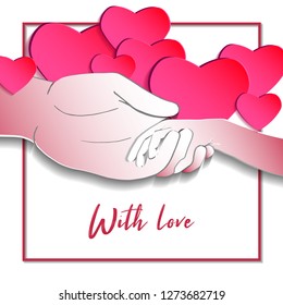 Mother's Day Design. Greeting card, poster, banner collection. The palm of the mother and child is a light pink color. White background and pink hearts. Paper cut art style. Vector illustration