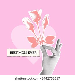 Mother's day design of halftone hand holding rose flower. The best mom retro collage design. Vector illustration