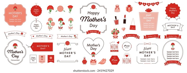 Mother's Day Design Ideas with Text Frames, Borders, and Other Decorations on a White Background, English ver. Open path available. Editable.