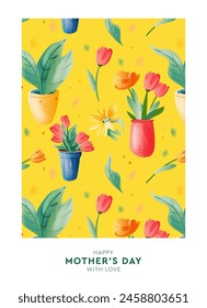 Mother's day design in modern art style. Greeting card with drawn spring flowers and trendy typography. Mothers day modern design templates for banner, fashion ads, poster, cover. Vector illustration