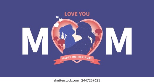 Mother's Day design with mother holding child in heart shaped silhouette paper cut style. Vector Illustration.