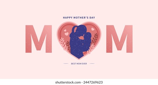 Mother's Day design with a mother hugging her child in a heart-shaped silhouette paper cut style. Vector Illustration.