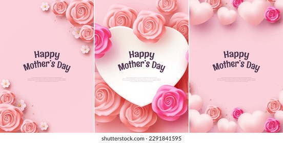 Mothers day design set, with beautiful pink flowers illustration, 3d vector illustration. Premium design for poster, banner, greeting and celebration.