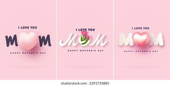 Mothers day design set, with the inscription i love you mom. Vector design paper cut style. Premium design for poster, banner, greeting and celebration.