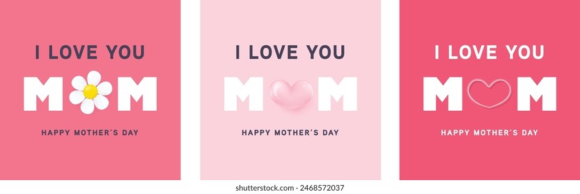 Mothers day design set, with the inscription i love you mom. Vector design paper cut style. Premium design for poster, banner, greeting and celebration.