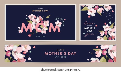 Mother's day design Set in modern art style. Abstract background with hand drawn spring flowers in pastel colors and trendy typography on dark blue. Mothers day templates for card, cover, web banner