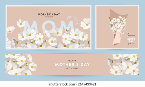 Diseño del día de la madre Conjunto de estilo artístico moderno. Fondo abstracto con flores de primavera dibujadas a mano en colores pastel y tipografía de moda en azul. Plantillas para el día de la madre para tarjeta, portada, banner web