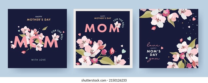 Mother's day design Set in modern art style. Abstract background with hand drawn spring flowers in pastel colors and trendy typography on dark blue. Mothers day templates for card, cover, web banner