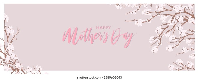 Mothers day design template banner with White Cherry blossom border on pink pastel background,Vector illustration horizontal backdrop or greeting card cute blooming flora frame 