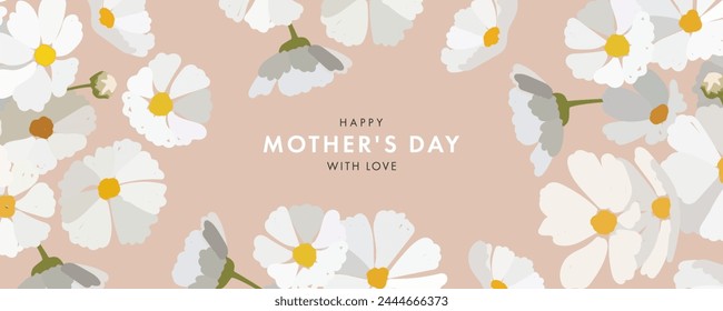 Mothers day design template in modern art style for greeting card, cover, web banner, promo ads. Abstract background with hand drawn spring flowers in pastel colors and trendy typography on beige.