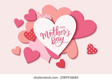 Mother's Day design template. White, red, pink and with polka dot heart with Happy Mother's Day calligraphic lettering text. Vector stock illustration.