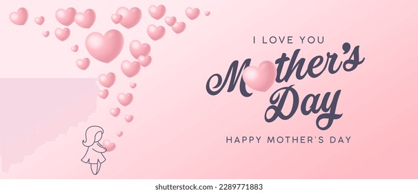 Mother's Day design. Vector banner with baby and flying pink hearts. Love symbols on pink background.