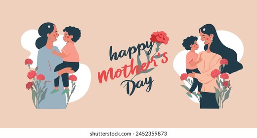 Mother's Day design, vector illustrations of mothers embracing children with carnation flowers, floral elements, hand-drawn style, and handwritten fonts.