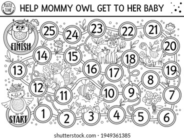 Mothers day dice board game for children with cute animals. Educational holiday boardgame with mother and baby owl, goose, deer, fox. Family love educational activity. Printable worksheet