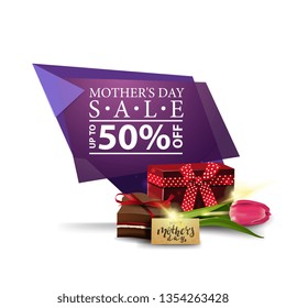 Mother's day discount modern banner with gift, Tulip and candy