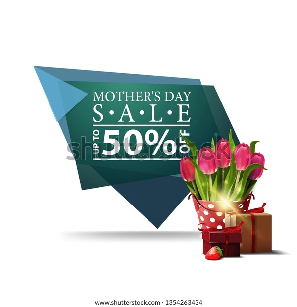 Mother\'s day discount modern banner with bucket with\
tulips and gift