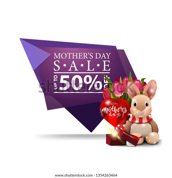 Mother\'s day discount modern banner with plush\
rabbit, tulips and\
gift