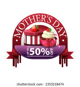 Mother's day discount round modern banner with gift, strawberry and cupcake