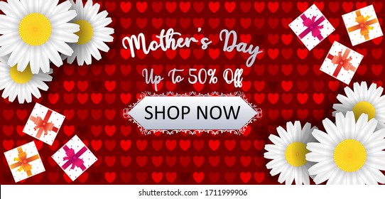 Mother's day discount website banner vector illustration, Beautiful daisies with gift box.