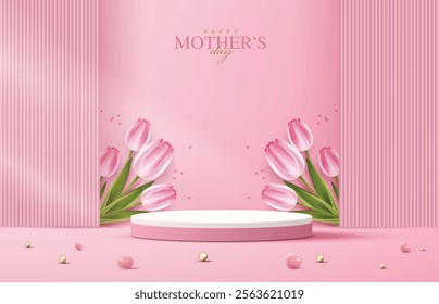 Mother's day for display podium, Valentine's Day with heart and flower. minimal pink background. product display presentation. studio room concept, minimal wall scene. vector design.