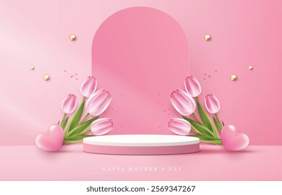 Mother's day for display podium, Valentine's Day with heart and flower. minimal pink background. product display presentation. studio room concept, minimal wall scene. vector design.