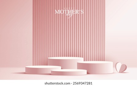 Mother's day for display podium, Valentine's Day with heart and flower. minimal pink background. product display presentation. studio room concept, minimal wall scene. vector design.