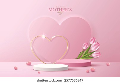 Mother's day for display podium, Valentine's Day with heart and flower. minimal pink background. product display presentation. studio room concept, minimal wall scene. vector design.