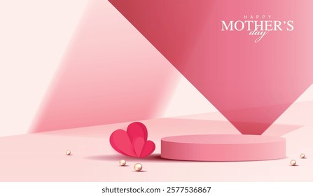 Mother's day for display podium, Valentine's Day with heart and flower. minimal pink background. product display presentation. studio room concept, minimal wall scene. vector design.