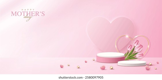 Mother's day for display podium, Valentine's Day with heart and flower. minimal pink background. product display presentation. studio room concept, minimal wall scene. vector design.