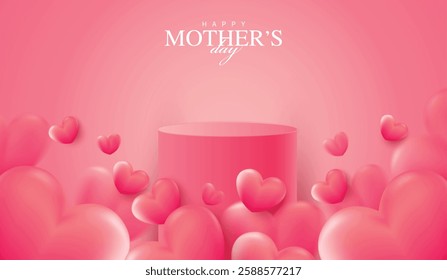 Mother's day for display podium, Valentine's Day with heart and flower. minimal pink background. product display presentation. studio room concept, minimal wall scene. vector design.
