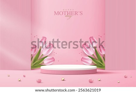 Mother's day for display podium, Valentine's Day with heart and flower. minimal pink background. product display presentation. studio room concept, minimal wall scene. vector design.
