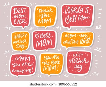 Mothers day doodle text in speech bubbles set. Colorful stickers vector illustration. Comic style.