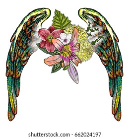 Mother's day drawing layout design with roses, flowers and bird wings. Concept for, flyer, card, invitation. Angel wings and blooming lily, roses Blackwork tattoo in feminine style. Vector.