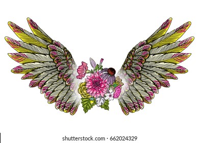 Mother's day drawing layout design with flowers and bird wings. Concept for, flyer, card, invitation. Angel wings and blooming lily Blackwork tattoo in feminine style. Vector.