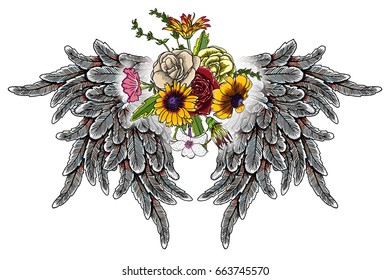Mother's day drawing layout design with roses, flowers and bird wings. Concept for, flyer, card, invitation. Angel wings and blooming lily, roses Blackwork tattoo in feminine style. Vector.
