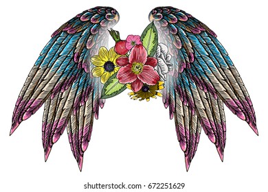 Mother's day drawing layout design with roses, flowers and bird wings. Concept for, flyer, card, invitation. Angel wings and blooming lily, roses Blackwork tattoo in feminine style. Vector.