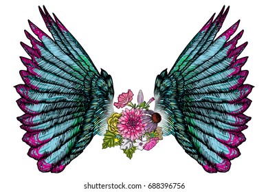 Mother's day drawing layout design with roses, flowers and bird wings. Concept for, flyer, card, invitation. Angel wings and blooming lily, roses Blackwork tattoo in feminine style. Vector.