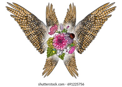 Mother's day drawing layout design with roses, flowers and bird wings. Concept for, flyer, card, invitation. Angel wings and blooming lily, roses Blackwork tattoo in feminine style. Vector.