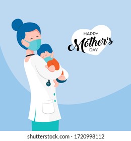 Mother's Day During Coronavirus. Mother And Baby Illustration Wearing Mask Flat Vector Design. Doctor And Child Pandemic. Covid-19 Mother's Day Illustration. 