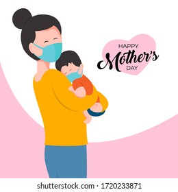 Mother's Day during coronavirus outbreak. Mother and child illustration vector during covid-19. Mother's Day vector flat design during corona pandemic. 