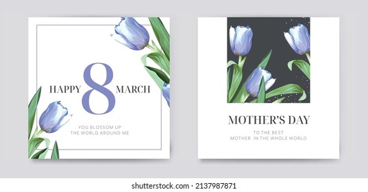 Día de la Madre, tarjeta de saludo de vectores editable, delicado, postal, banner. Acuarela, flores de tulipán morado, armazón de hojas verdes con motivos florales. Primavera, elegante, botánico 8 de marzo celebrando la plantilla.