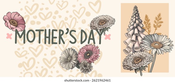 Mother's Day! Editable poster with bouquet of individual flowers in soft pastel pink palette, background and handwritten text. Digital illustration for branding, printing